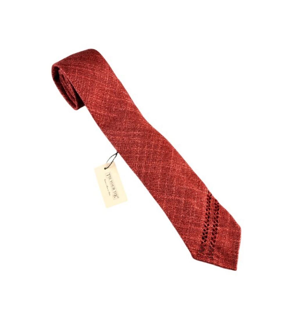 $400 NWT Tie Your Tie Florence Red Hopsack Knit Tie Diagonal Embroidery Handmade